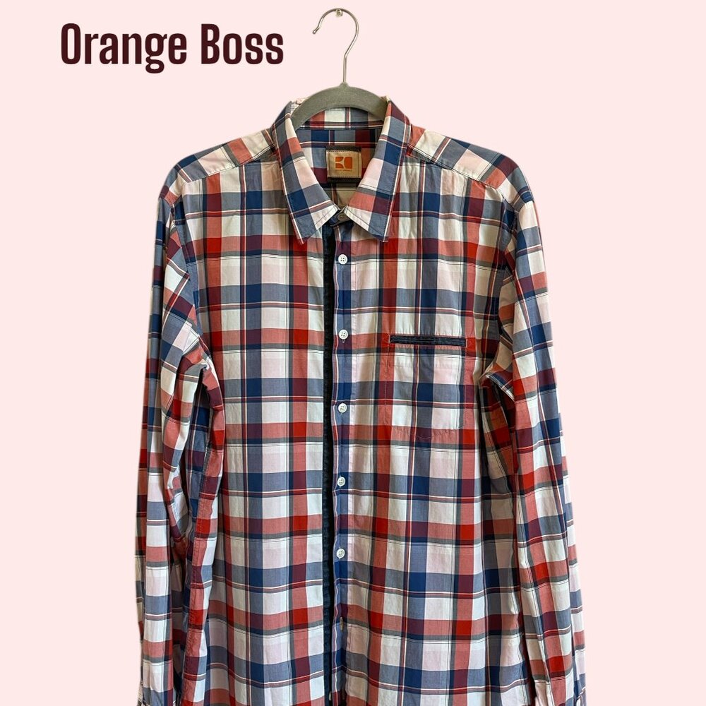Hugo Boss Orange Label Vintage Checkered Shirt Men XL Red Blue White EUC